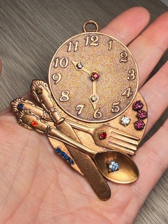 Jewelry - Steampunk Style Clock Silverware Vintage Brooch Handmade 3.5”